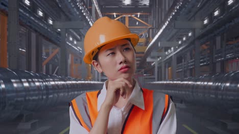close up of asian female engineer with safety helmet thinking and looking around then raising her index finger while standing with metal pipes