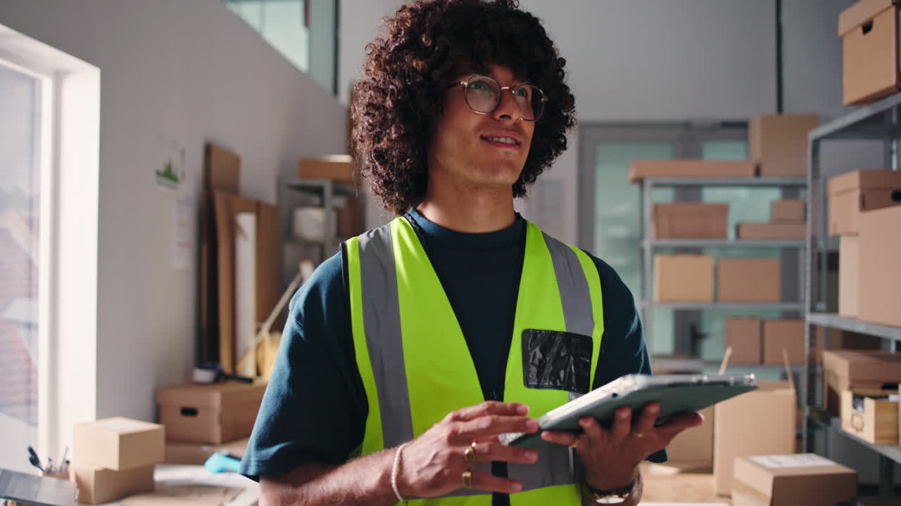 Young Man Checking Inventory with Tablet in E-commerce Warehouse
