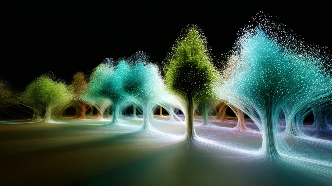 A Captivating Journey Through an Enchanted Forest Where Luminous Trees Emerge from Darkness, Illuminating the Night with Colorful Radiance and Ethereal Beauty