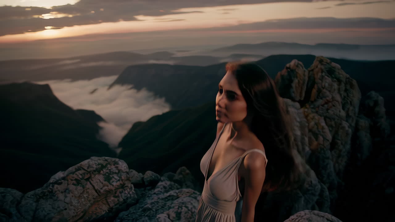 mujer en la cima de la montaña al atardecer