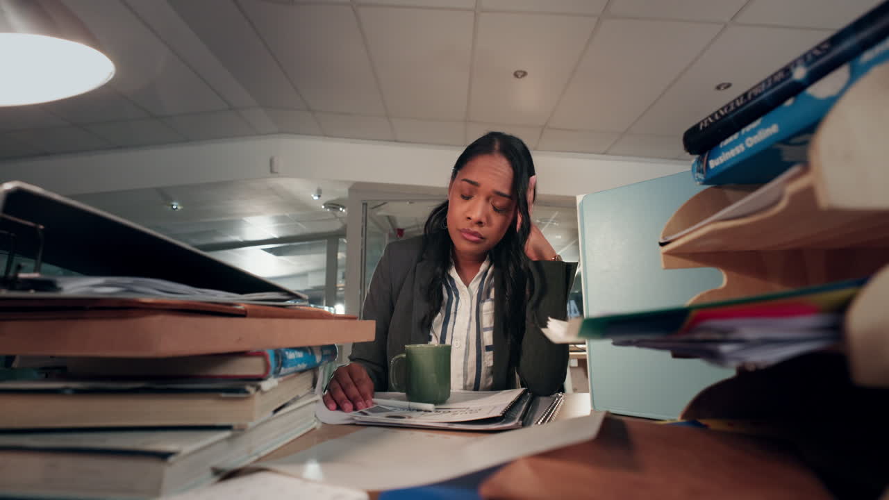 Stress, business woman and chaos in office