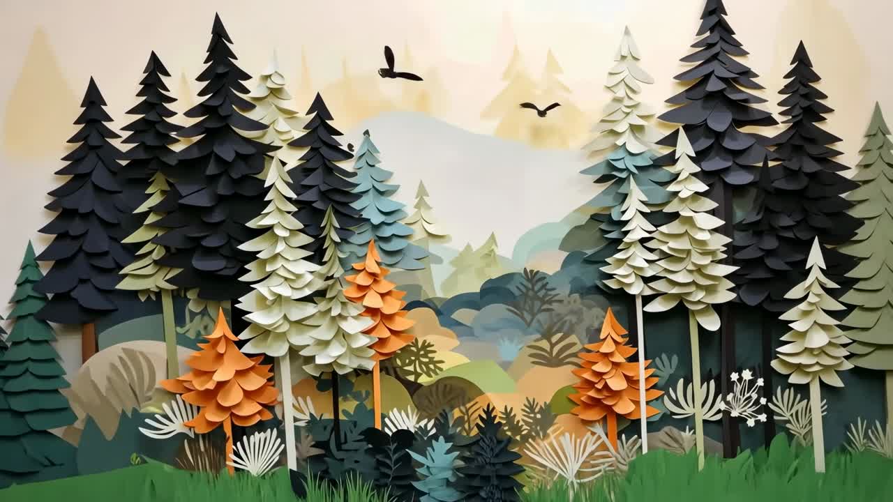 Whimsical paper forest scene with layered trees in vibrant colors