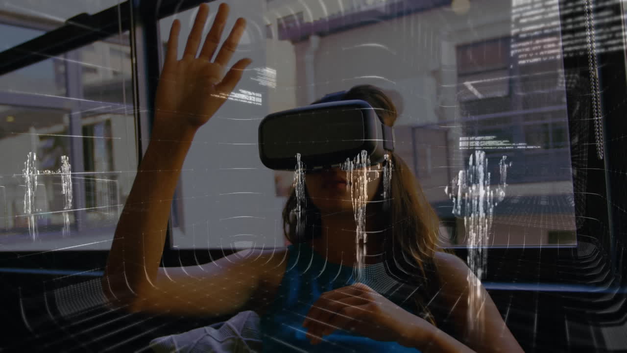 Animation of data processing over businesswoman working in office