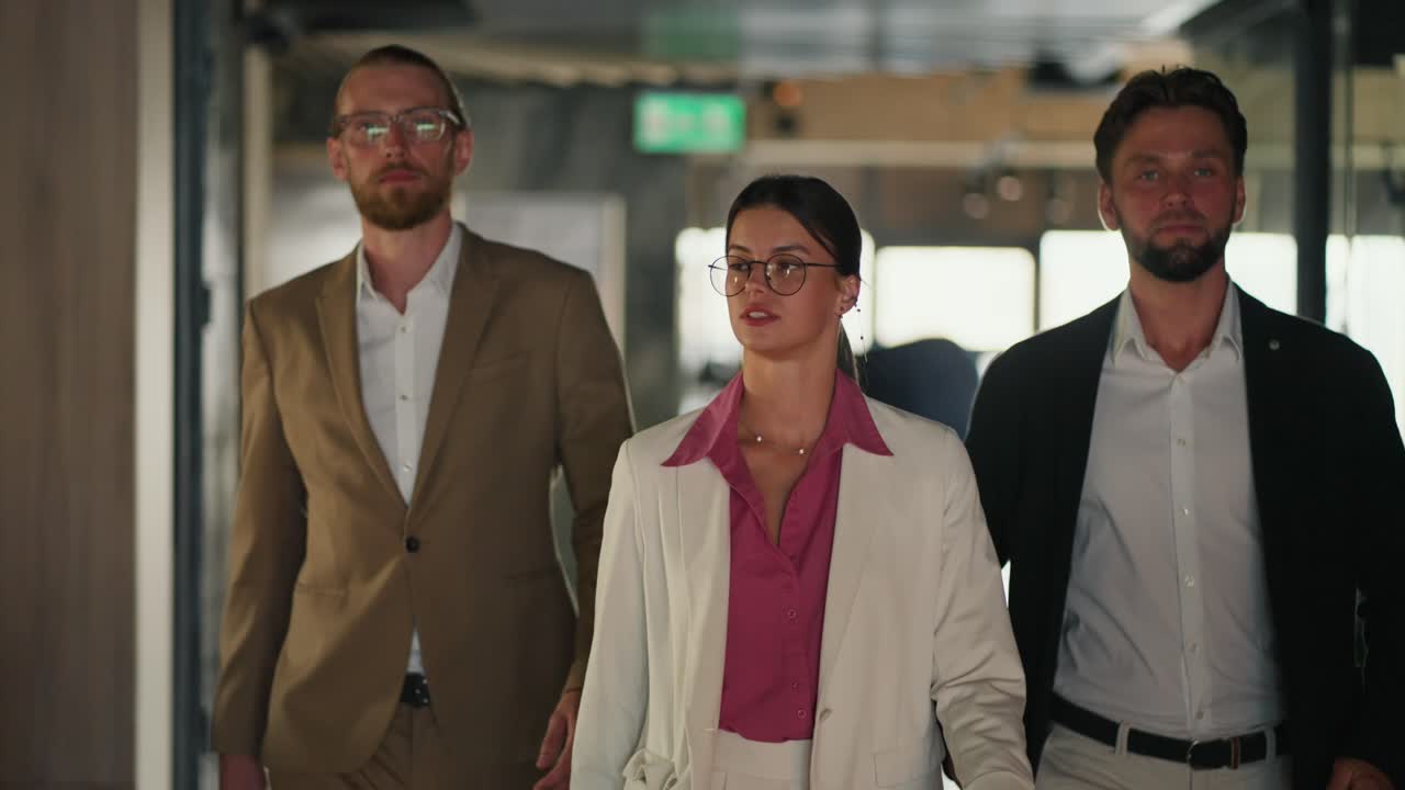 Confident trio of office employees, a blond man in a brown jacket, a brunette girl in a pink shirt and a man in a blue jacket walk confidently along a modern office
