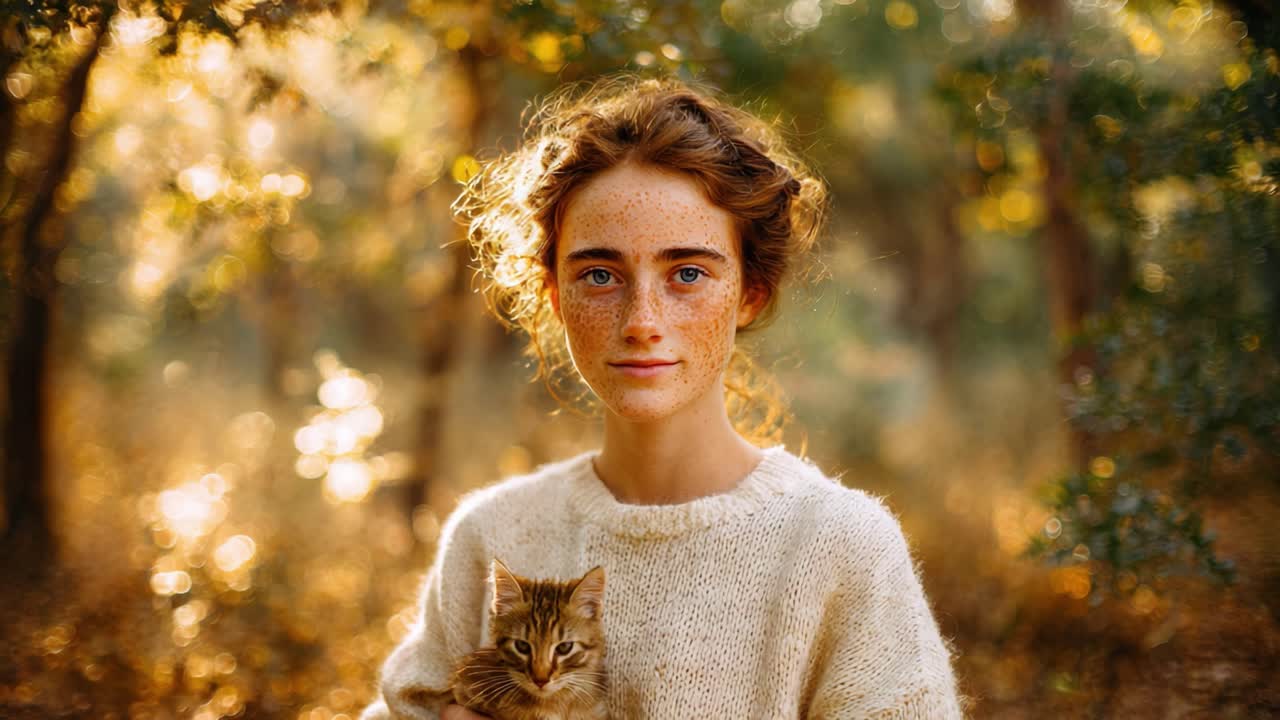A Serene Autumn Portrait of a Young Woman with Freckles Holding a Furry Cat Amidst a Golden Forest Background, Radiating Warmth and Connection to Nature