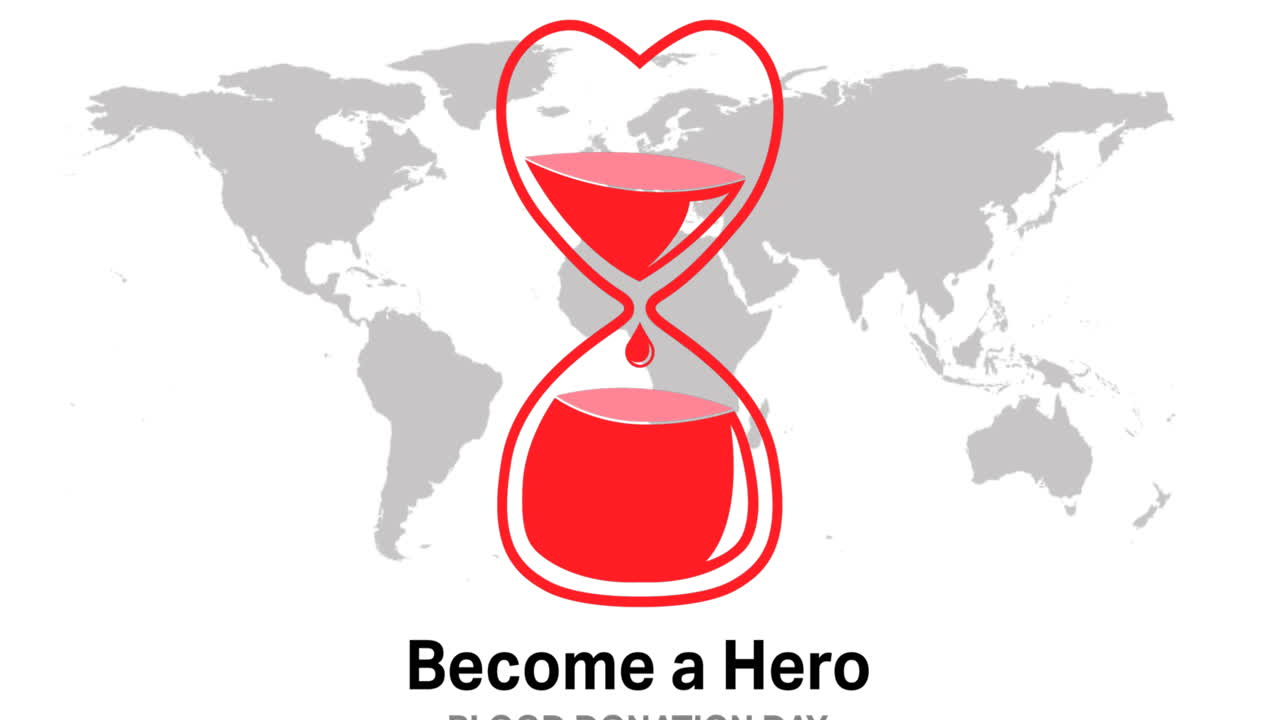 세계 지도 위에 있는 혈액 기증 아이콘과 텍스트의 애니메이션