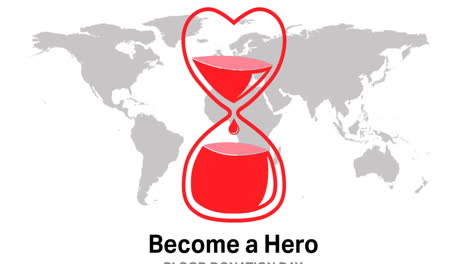 animación del icono de la donación de sangre y texto sobre el mapa del mundo