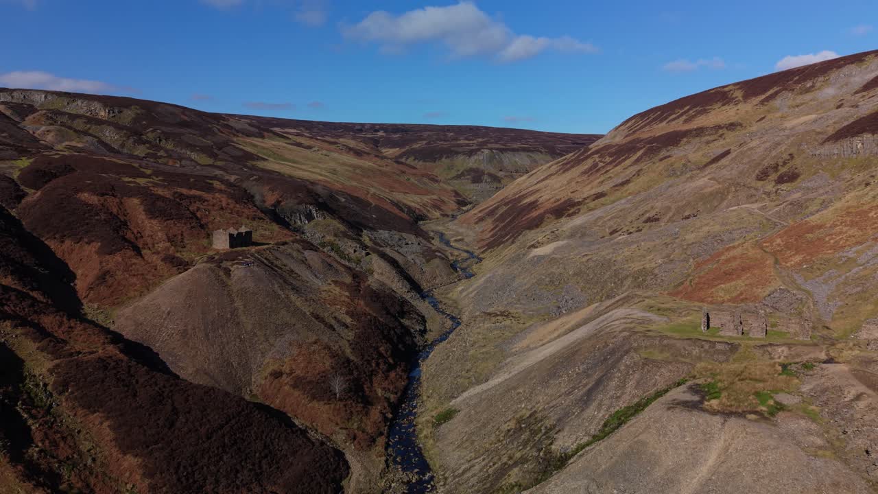 Naturskjønn utsikt over Gunnerside Gill i Yorkshire Dales, England, under blå himmel.