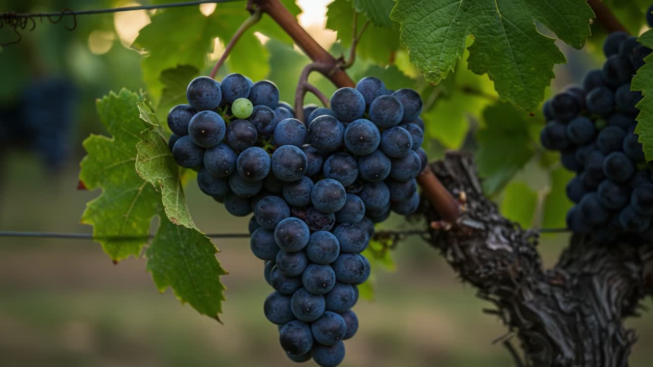 A Close-Up View of Lush, Ripe Grapes Hanging on the Vine in a Picturesque Vineyard, Capturing the Essence of Nature's Bounty and Agricultural Beauty