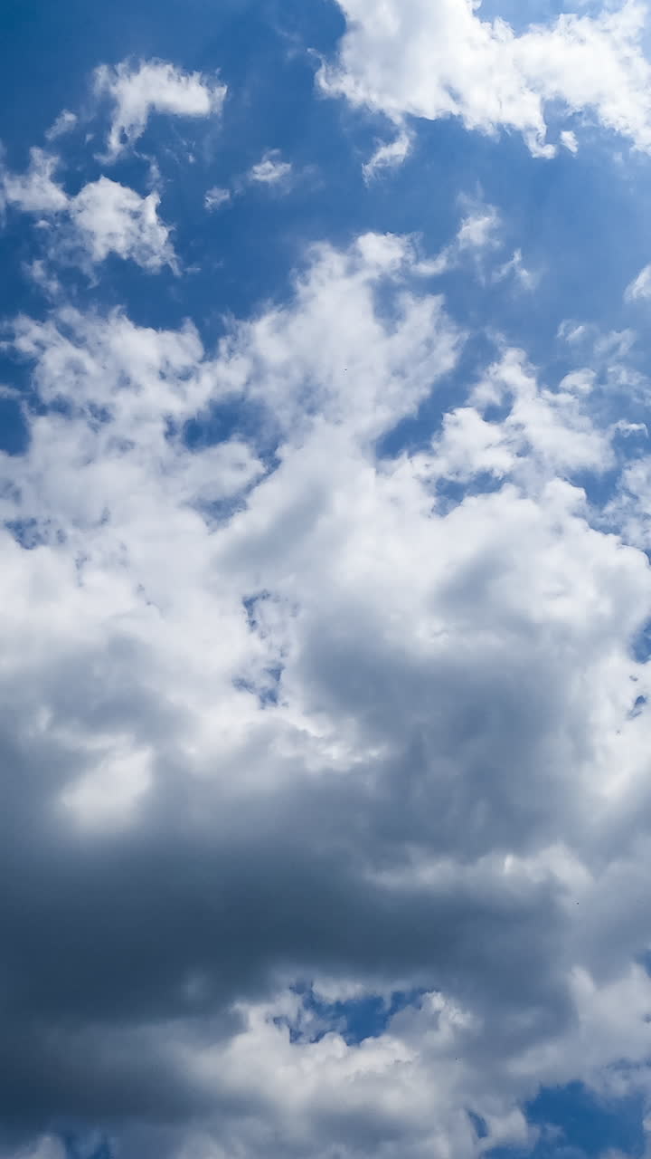 Beautiful light clouds flying in the sky. Sun rays going through the clouds in the bright blue skies. Low angle timelapse. Vertical video