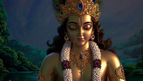 Serene golden sculpture of Krishna meditating, adorned with ornate crown and jewelry, wearing flower garland amid peaceful natural landscape, symbolizing divine tranquility and spiritual wisdom
