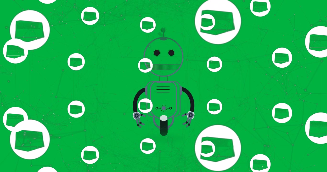 Animazione di chatbot AI e rete con icone su sfondo trasparente.