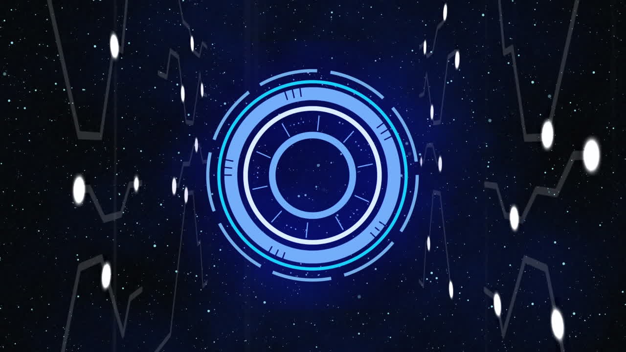 Neon blue round scanner against microprocessor connections on black background