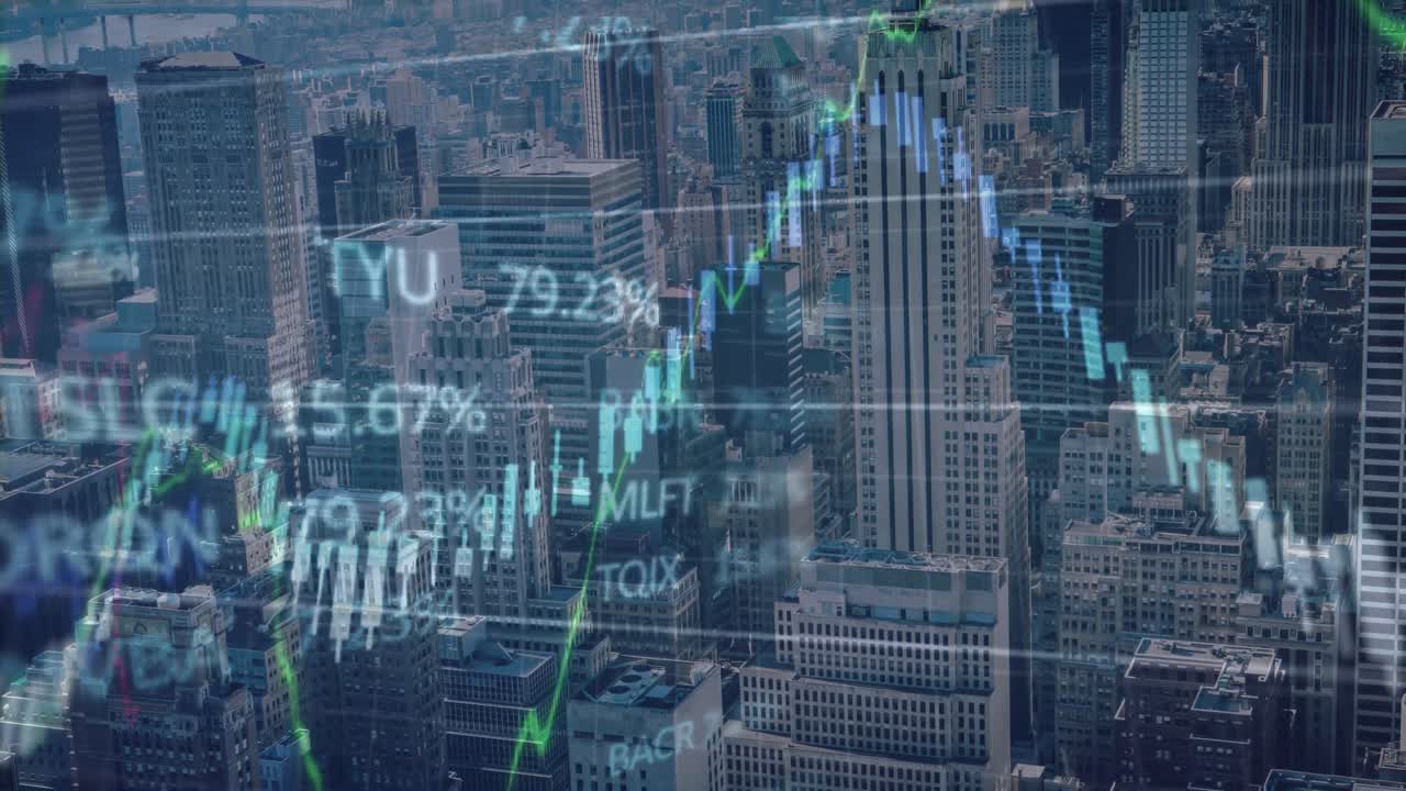 animación del procesamiento de datos financieros sobre el paisaje urbano