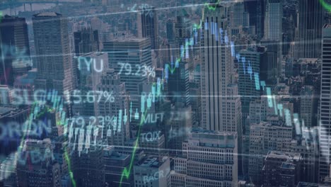 animation of financial data processing over cityscape