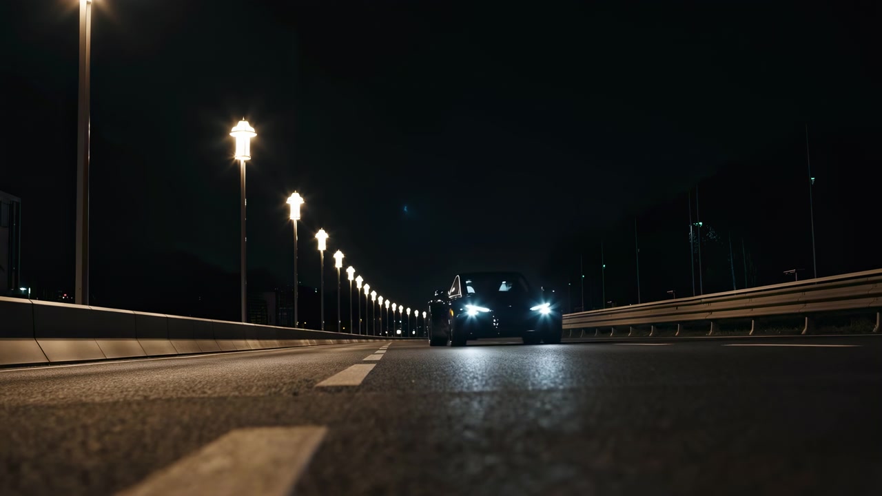 Autostrada notturna con fari di un'auto solitaria, prospettiva dal basso sull'asfalto bagnato e riflettente sotto una fila di lampioni.