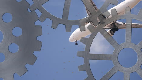 flying over large metal gears, airplane against clear blue sky animation