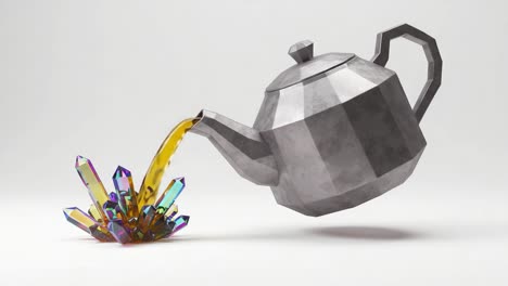 a visually stunning display of a geometric teapot pouring vibrant crystal liquid, capturing the essence of creativity and imagination in 3d design artistry