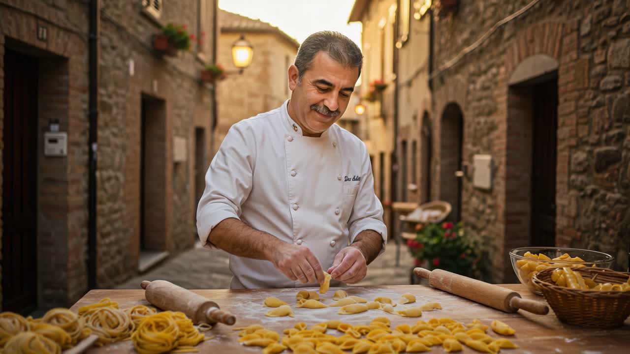 An Artisan Chef Perfects the Craft of Handmade Pasta in a Charming Italian Street Under Warm Golden Light