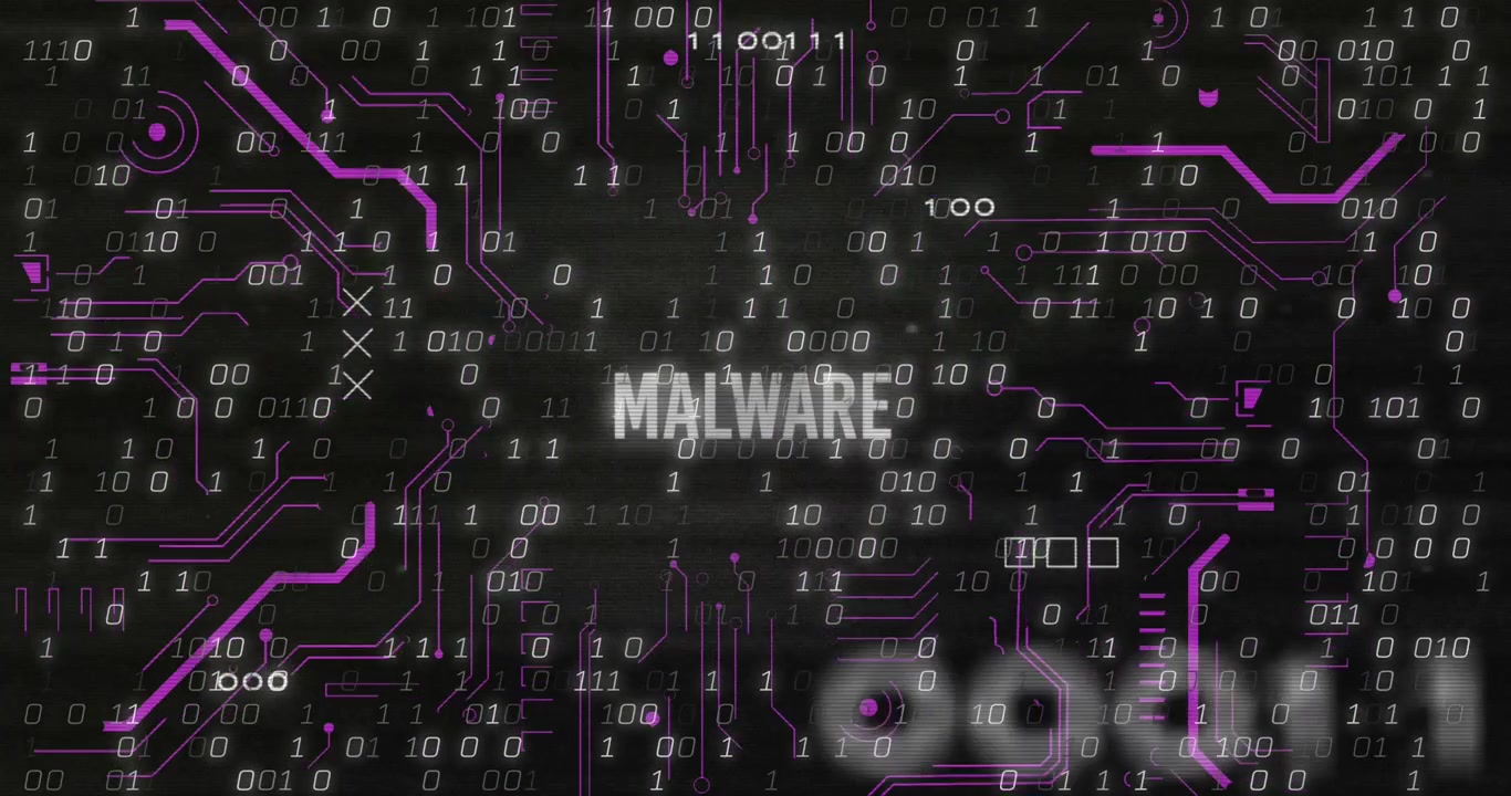 Animation af et x-symbol på malware-tekst med printplademønster mod binære koder i baggrunden.