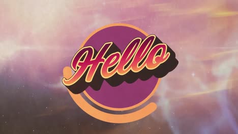 animation of hello text in pink letters over purple circle over glowing pink to purple universe