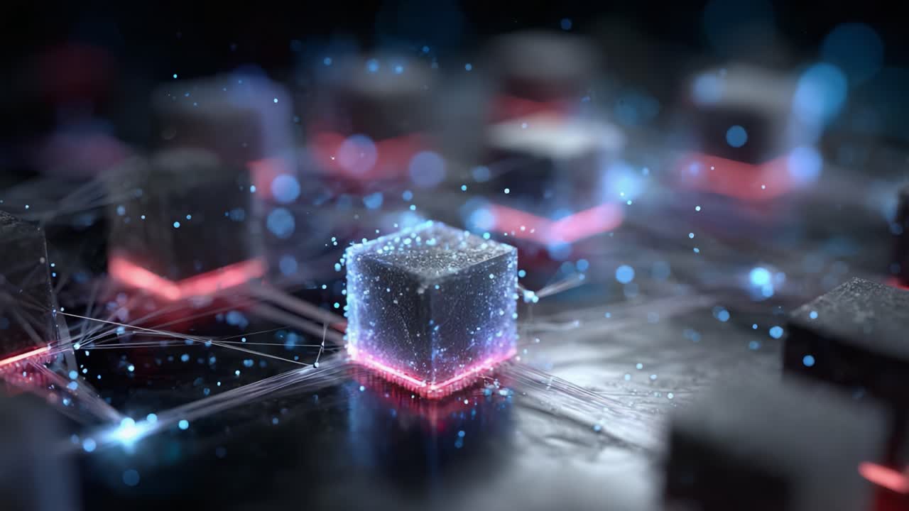Exploring the Intricacies of Digital Networks: A Close-Up of Glowing Cubes Connected by Light Trails Representing Advanced Technology and Innovation