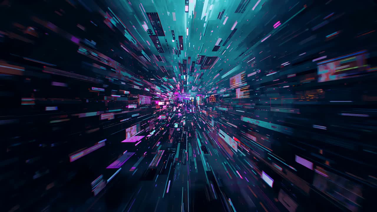 Camera hurtling through tunnel of neon blocks after sequence start, conveying immersive speed