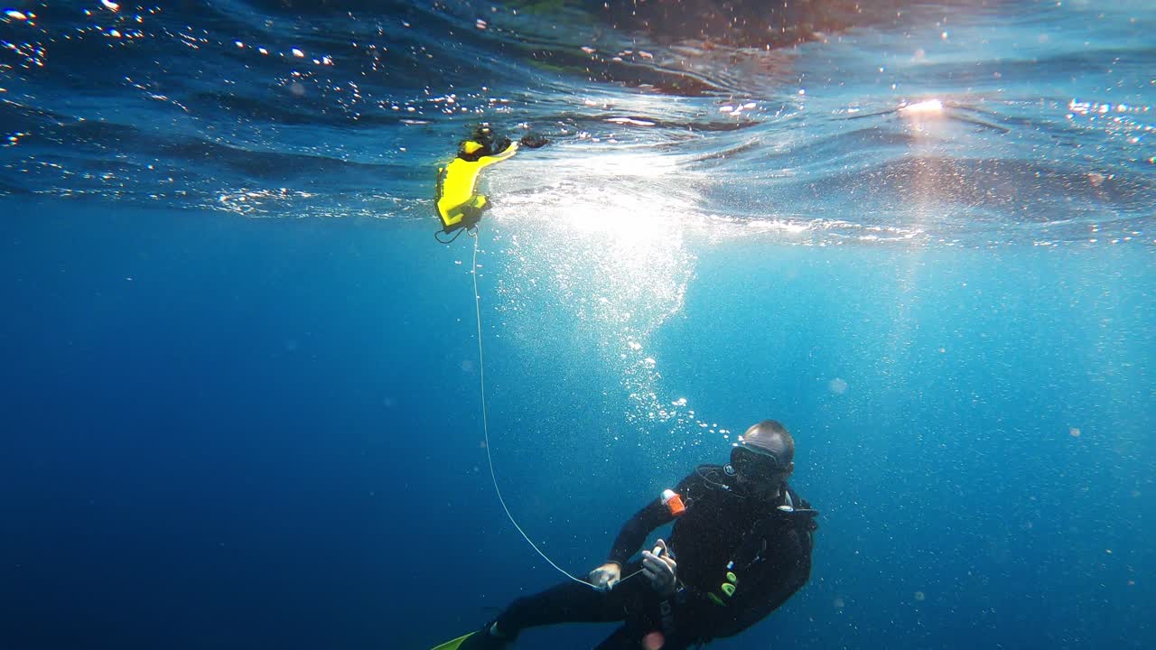 수면 마커 부이와 함께 상승하는 다이버