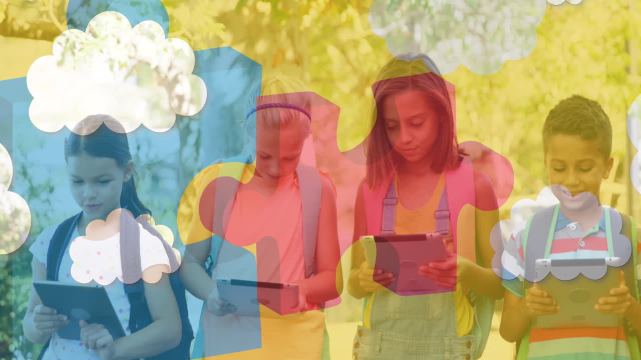 전자 장치를 사용하여 친구 위에 있는 다채로운 퍼즐 조각과 구름의 애니메이션