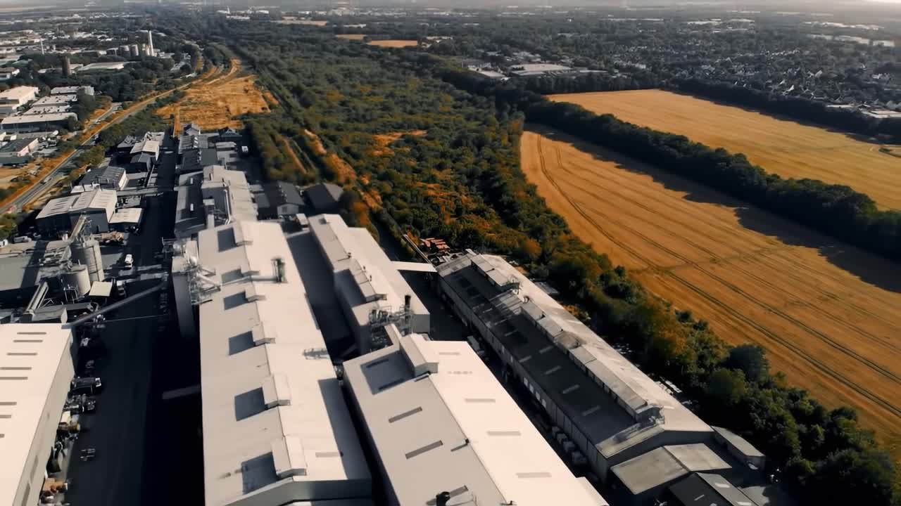 Aerial View of Urban Landscape Transitioning from Industrial Complex to Expansive Agricultural Fields Surrounded by Lush Greenery and Modern Infrastructure