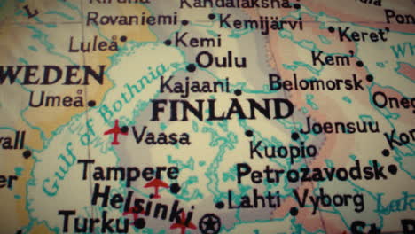 A close-up view of a map showing Finland and surrounding regions