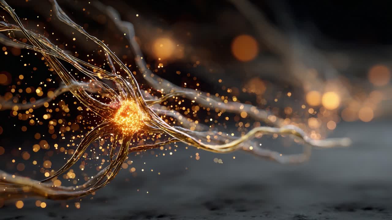 Abstract animation of a neuron firing and sending electrical impulses through its axon and synapses, demonstrating the complexity of the nervous system and brain activity on a dark background