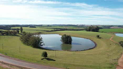 Ruhiger-Teich-Auf-Einer-Grünen-Wiese-Inmitten-Sanfter-Hügel-Auf-Dem-Land