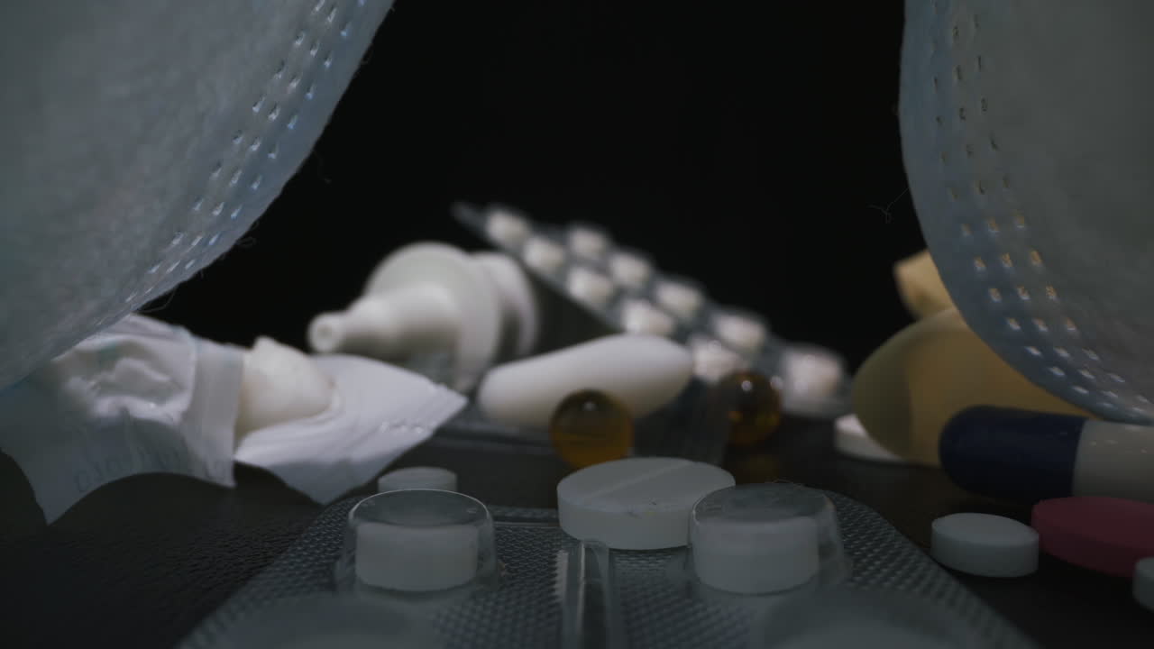 마스크 아래의 장갑과 검은색에 약물과 약물 어리