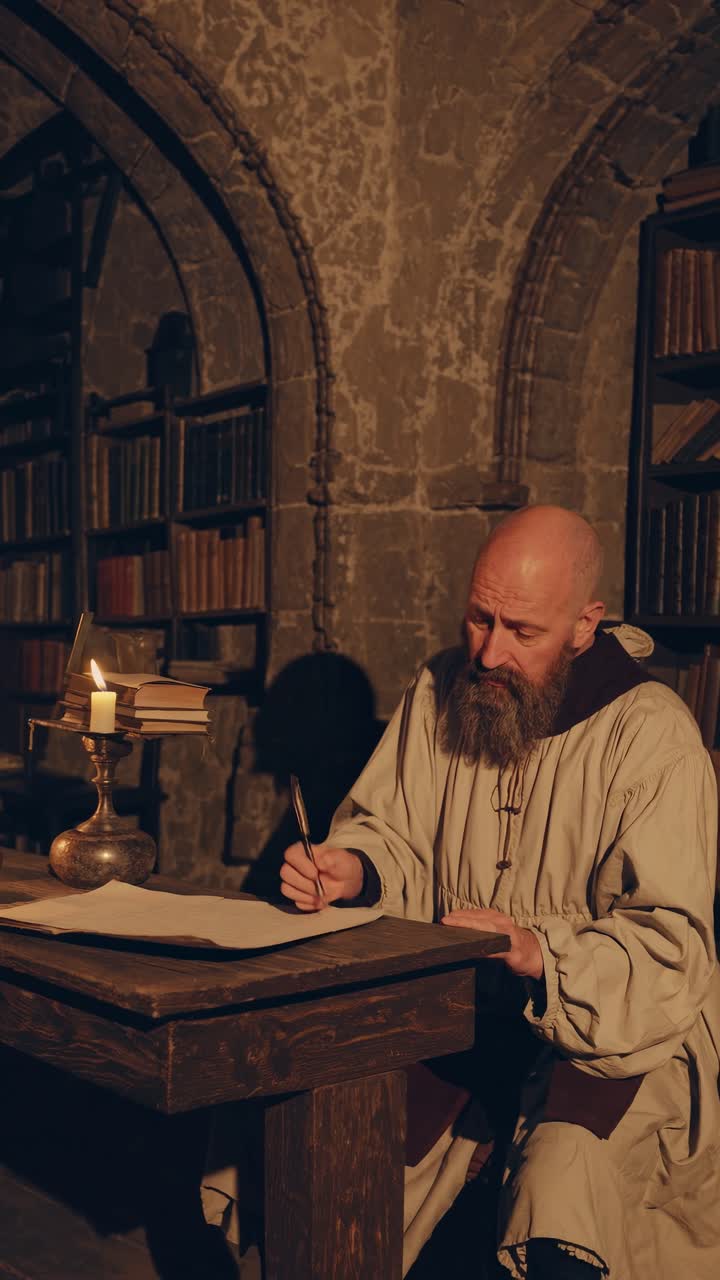 Um acadêmico medieval escreve à luz de velas em uma biblioteca de pedra. O vídeo captura um ângulo lateral.