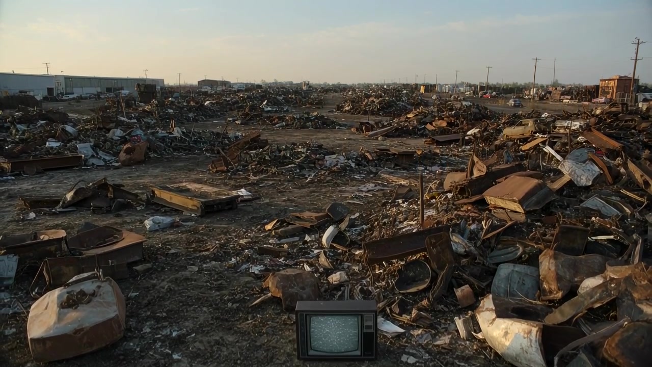 Telecamera che si sposta a destra con panoramica oltre una vecchia televisione CRT in una discarica per rivelare cumuli di rottami arrugginiti.