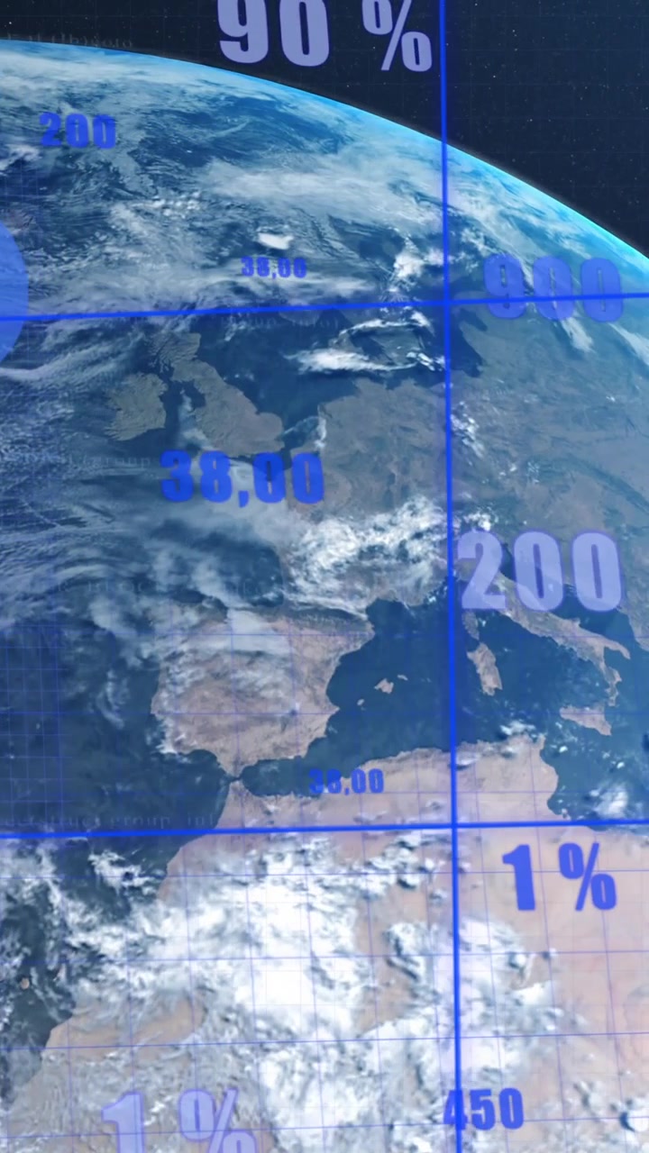 Animação de processamento de dados estatísticos sobre uma rede em grade sobre um globo contra fundo azul.