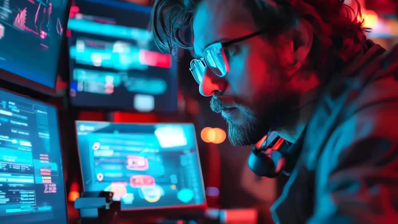 un hombre con gafas y auriculares trabajando en una computadora