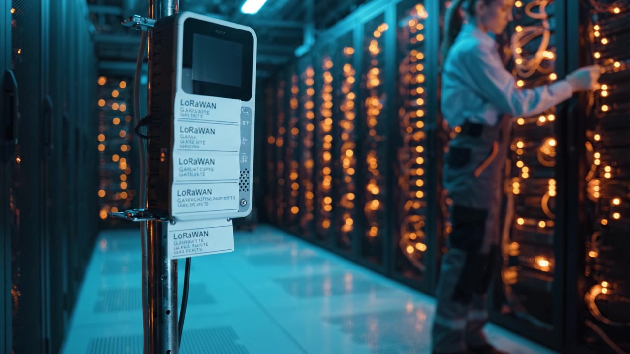 Technician Operating Equipment in Server Room with LoRaWAN Devices Surrounded by Data Center Infrastructure and Illuminated Servers for Connectivity Solutions