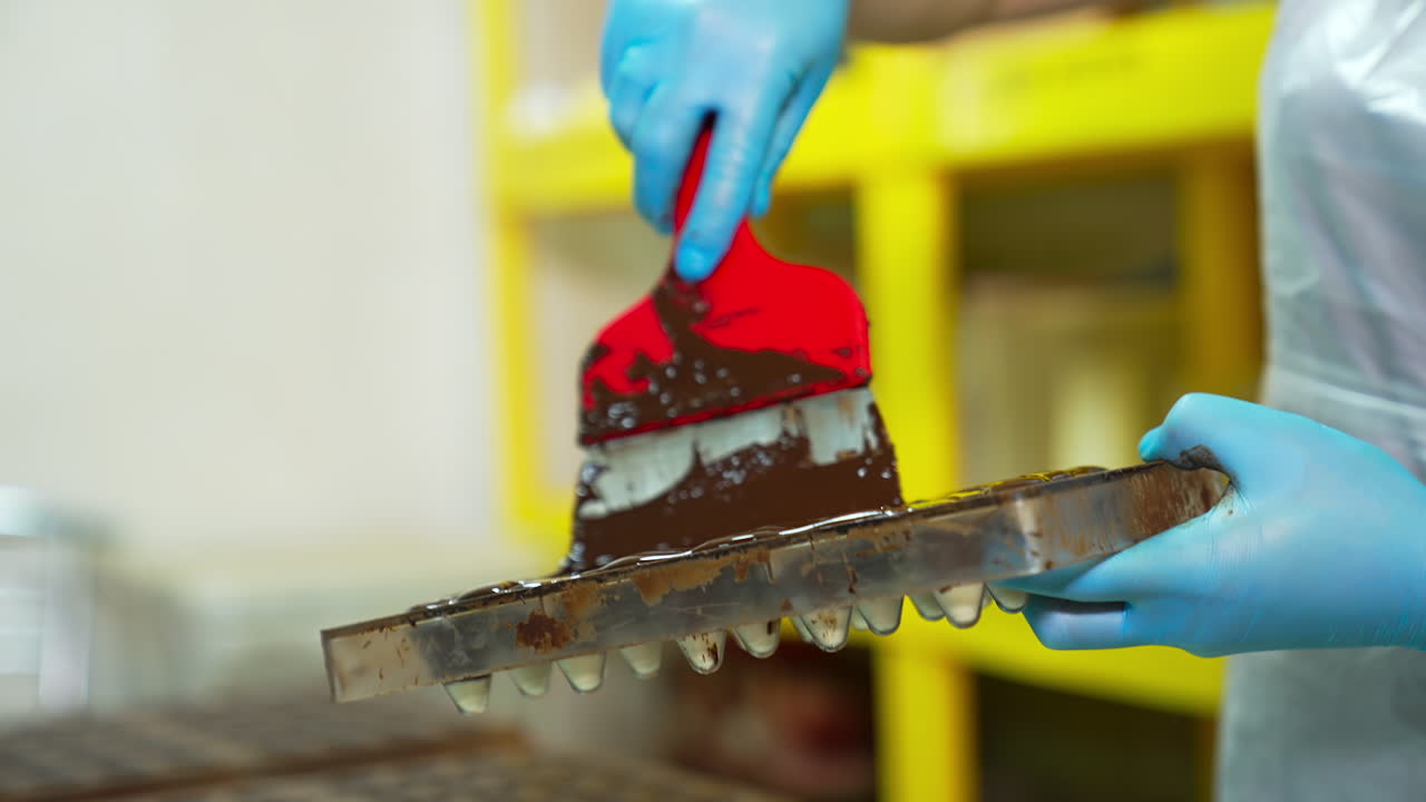 Chocolatier uses spatula to cover the molds with chocolate. Gloved hands spread black chocolate over the moulds. Close up.