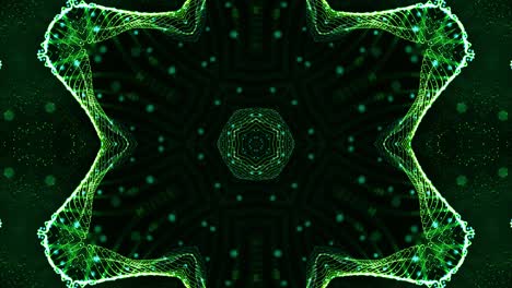 el fondo 3d de ciencia ficción en bucle de 4k con partículas verdes brillantes forman líneas, superficies, patrones, estructuras de caleidoscopio. estructuras de puntos simétricos de abstracción en movimiento.