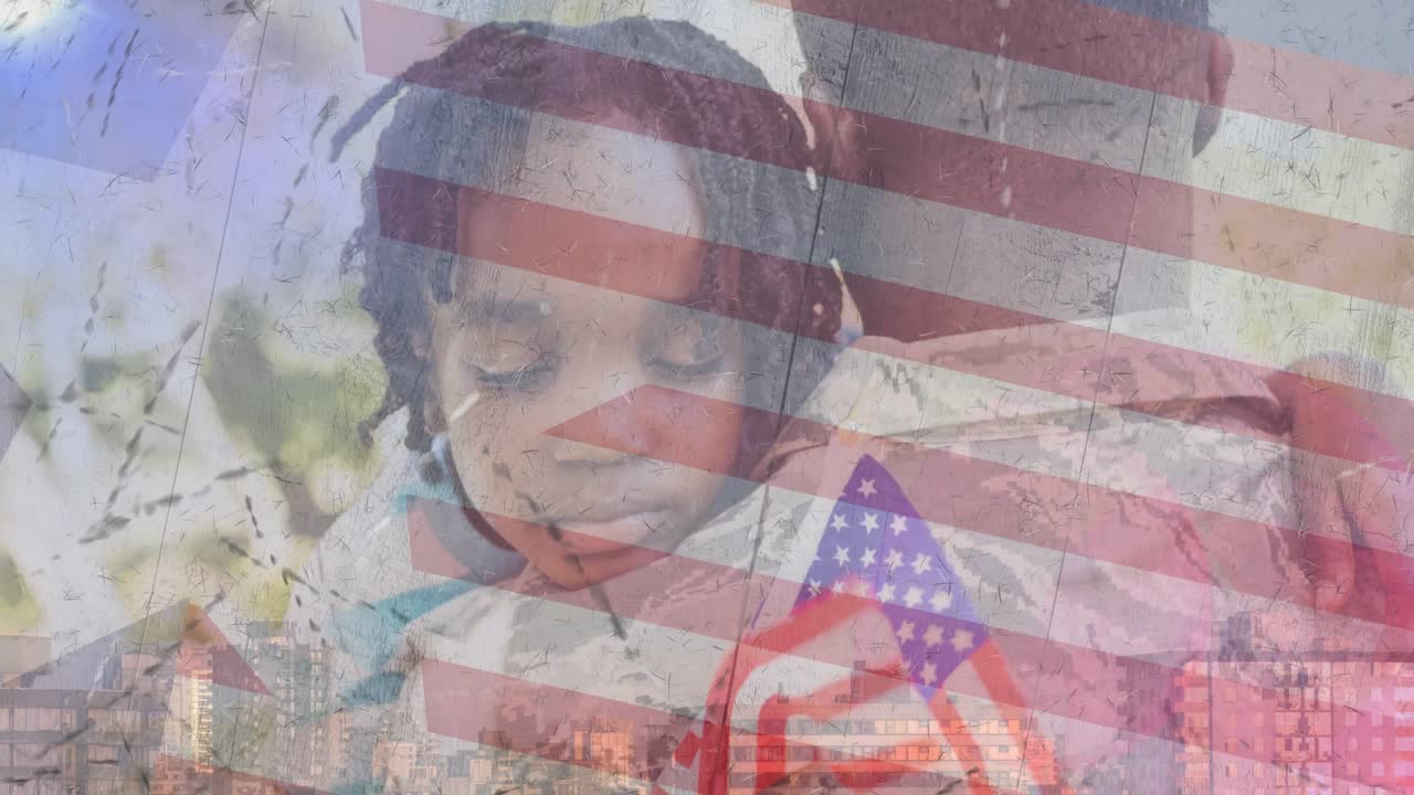 animación de un soldado con su hijo sobre la bandera estadounidense