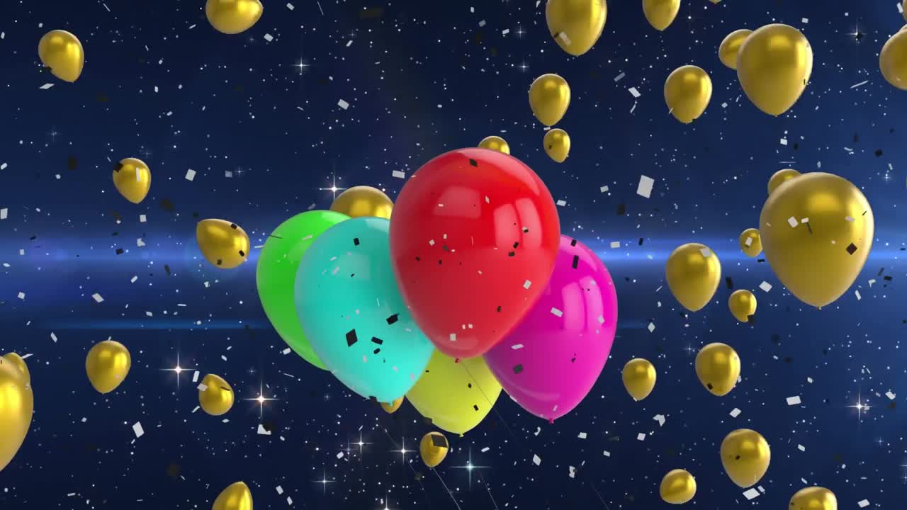 confeti cayendo sobre múltiples globos de colores contra el punto de luz en el fondo azul