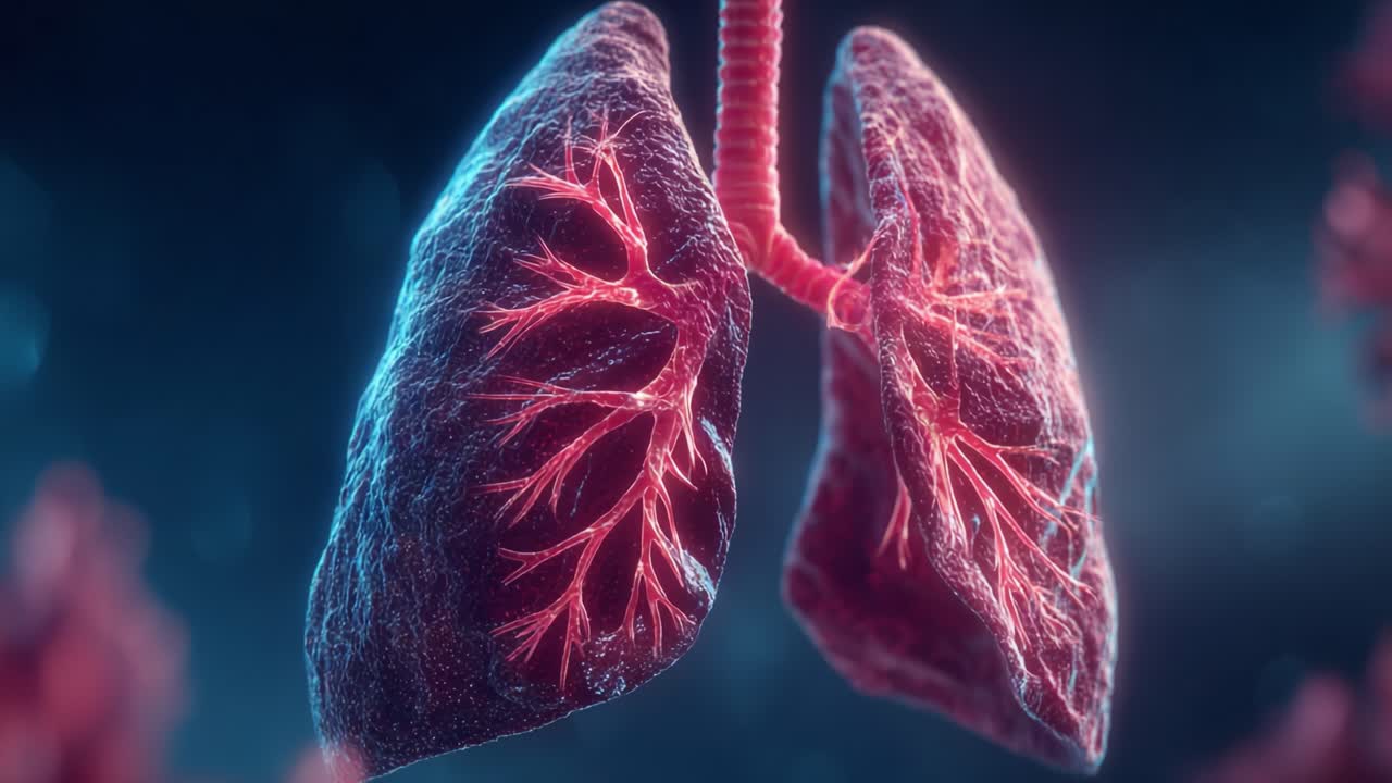 Visualizzazione dettagliata dei polmoni umani che mette in evidenza la struttura complessa e la funzione, mostrando i percorsi polmonari e le reti alveolari in uno splendido design grafico
