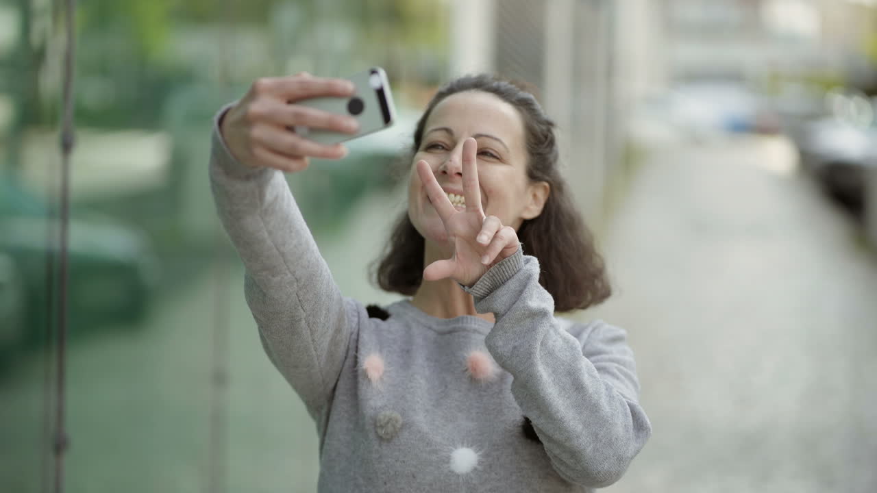 Beautiful mature woman taking selfie with smartphone