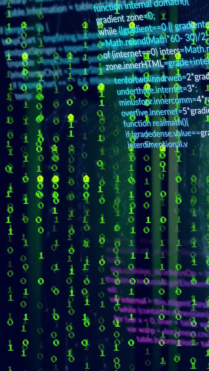 Postup snímků způsobující padající binární déšť, odhalující správný kód a uzlovou síť, vizualizující technologii.