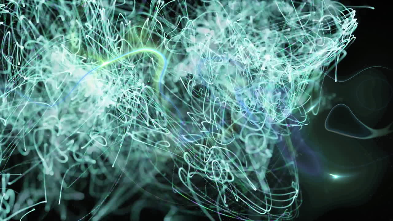 Animation of shapes and light trails on black background