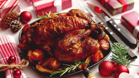 roasted whole chicken or turkey served in iron pan with christmas decoration