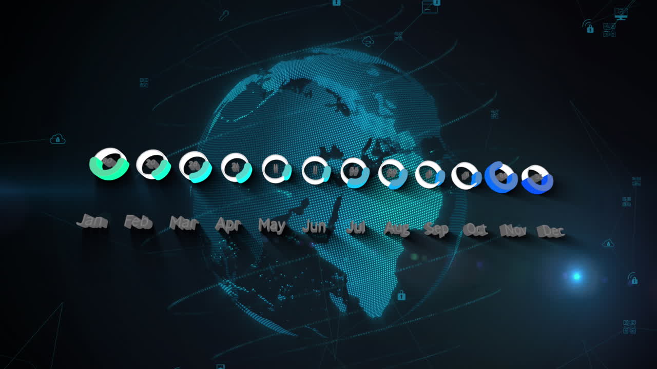 달력 데이터 처리의 애니메이션과 검은 바탕에 회전하는 지구 위의 빛의 점