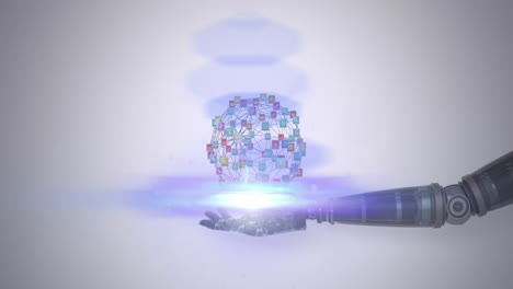 animation of network of media icons over hand of robot arm, with moving light on grey background